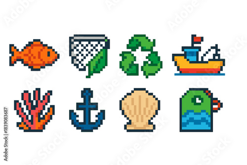 Marine life pixel icon set. Ocean, sea creatures, nautical icons in pixelated style