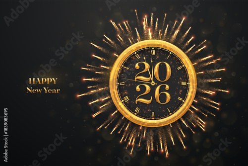 Happy New Year 2026. Golden New Year countdown clock with numbers 2026. Sparkling fireworks and glowing bokeh lights on black background. Festive New Year celebration card, poster. Vector illustration