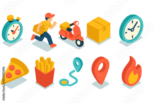 Delivery and food 3d icon set. Courier, service, food, location icons in 3d style