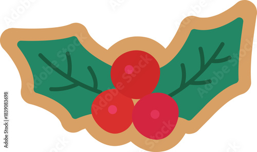 Festive Holly Decoration Cookie Icon.
Winter Christmas Holly Ginger Cookies flat vector Illustration.
Gingerbread Edge Holly Leaf and Berries Clipart.
Transparent background.
