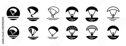Adventure icons: paraglider, parachute, person, ocean, silhouette