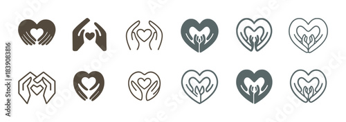 Heart and hands icon set representing love, care, and unity