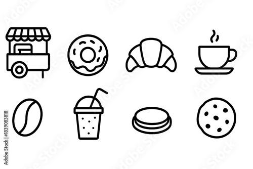 Food and beverage outline icon set. Cafe, bakery line icons for restaurants and menus