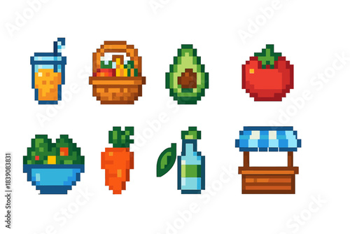 Food and drink pixel icon set: fresh produce and market stall icon collection