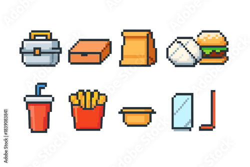 Food, drink, snack pixel icon set. Retro, fun, pixelated style collection