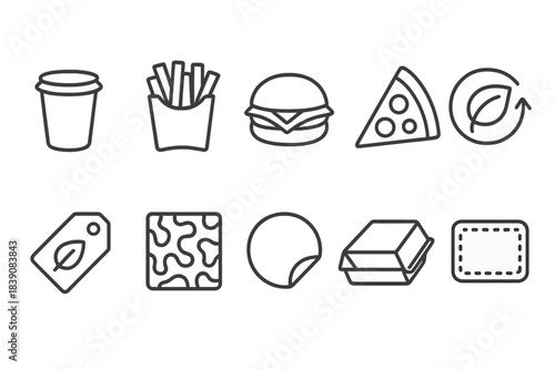 Food and sustainability icon set. Eco, fast food, outline style