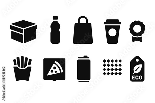 Food and packaging solid icon set. Eco-friendly, waste reduction icons collection