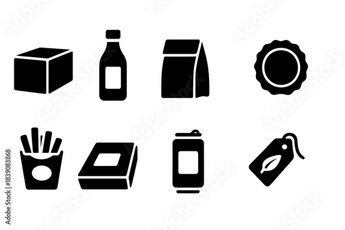 Food packaging solid icon set: containers, bottles, tags and more in solid style