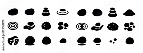 Collection of abstract black shapes and organic icons on white background