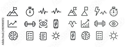 Health and fitness icons set featuring exercise, heart rate, nutrition, and energy symbols