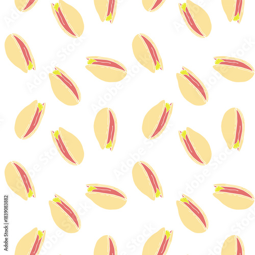 Healthy food nuts and seeds doodle. Pistachio pattern. Packaging, wallpaper, wrapper, backdrop.