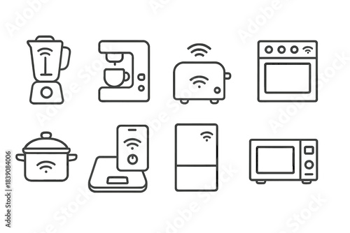 Smart kitchen appliances icon set. Connected, linear, household gadgets illustration