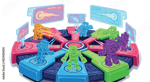 Colorful robot toy set on a circular platform with interactive elements.