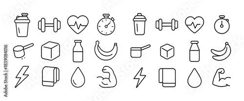 Fitness and nutrition icons: weights, shaker, heartbeat, stopwatch, banana, muscle, energy