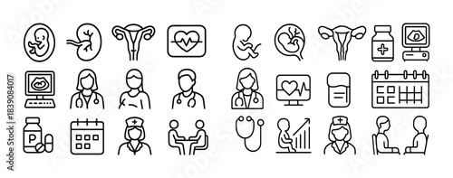 Medical icons collection: pregnancy, doctors, health monitoring, consultation