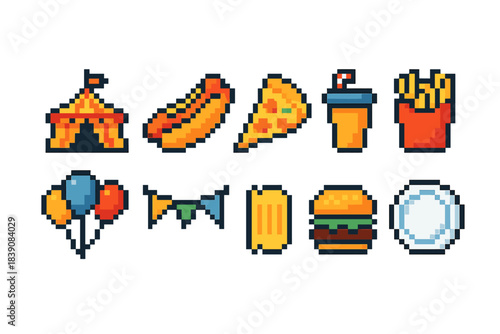 Carnival and food pixel icon set. Amusement, snack, and fun pixelated icons.
