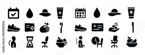 Health and wellness icons: fitness, nutrition, hygiene, time management, office ergonomics