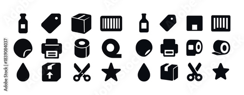 Collection of black icons representing packaging, printing, and office supplies