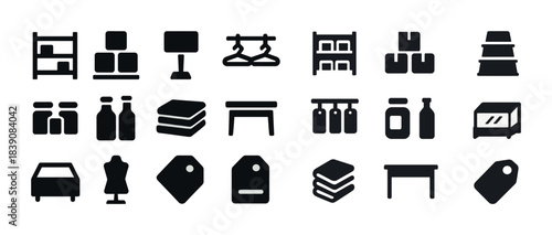 Modern icons of household and storage items in black and white silhouette style