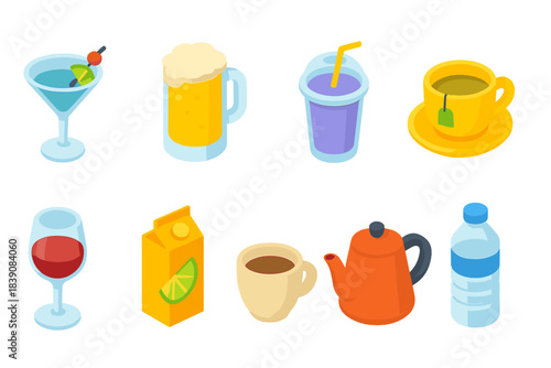 Beverage 3d icon set. Drinks, cocktails, coffee, tea, water, juices 3d icon collection