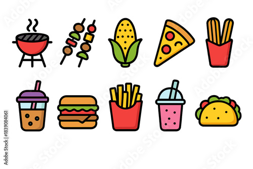 Food and snack flat icon set. Fast food, drinks, and snack icons flat collection