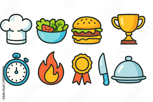Food and cooking line icon set. Chef hat, burger, kitchen tools, trophy icons collection
