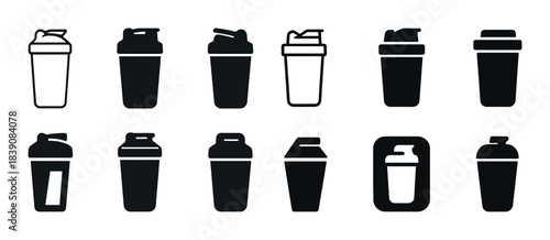 Black and white shaker bottle silhouettes set for fitness and nutrition