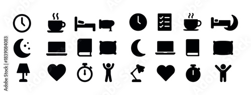 Collection of sleep and productivity icons featuring clocks, coffee, beds, moon, and more