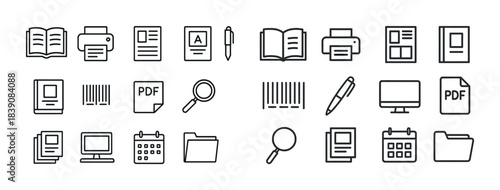 Collection of office and document icons featuring books, printers, and files