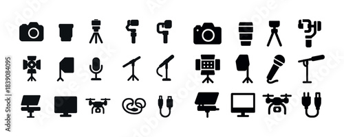 Collection of photography and audio equipment icons in black silhouette