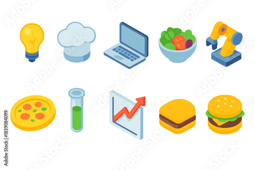 Technology and food 3d icon set. Innovation and cooking icons collection.