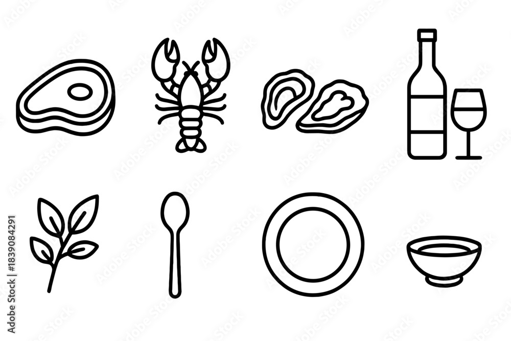 Fototapeta premium Food and drink outline icon set. Dining, culinary icons collection in outline style