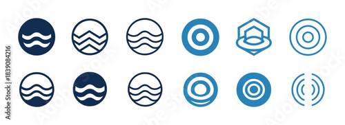 Set of circular blue and navy wave and target icons and symbols