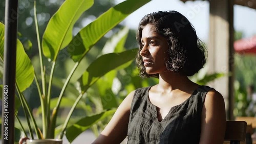 Young Woman With Curly Hair And Dark Tank Top Sitting Outdoors Near Lush Green Tropical Plants