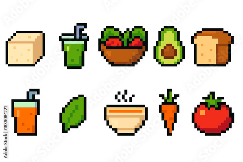 Food and drink pixel icon set. Healthy, vegetarian outline icons collection