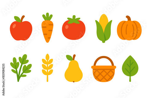 Fruits and vegetables flat icon set. Fresh produce and harvest icons collection