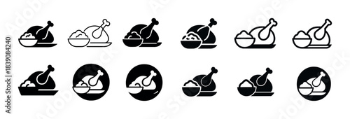 Set of chicken and rice icons in black and white design