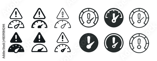 Warning and speedometer icons set with alerts and symbols
