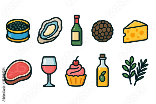 Gourmet food and drink icon set. Wine, cheese, and culinary items, flat style
