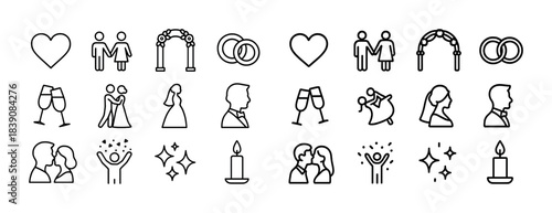 Wedding and celebration icons: couples, symbols, and ceremony elements