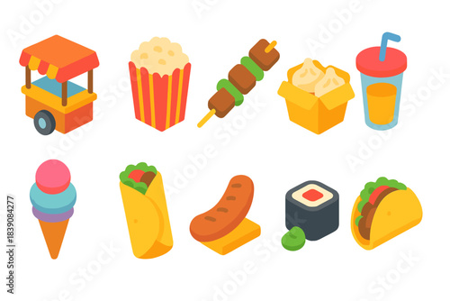 Food and drink flat icon set. Snacks, beverages, fast food, desserts collection