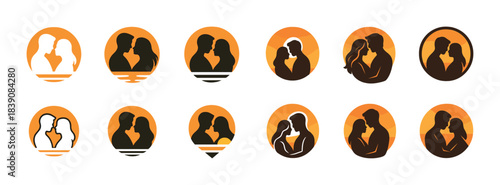 Silhouette icons of couples embracing in various romantic poses