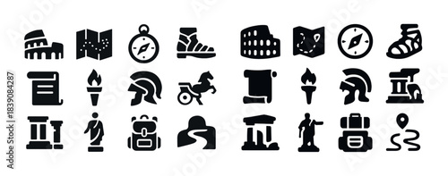 Ancient roman icons set: helmet, colosseum, torch, scroll, compass