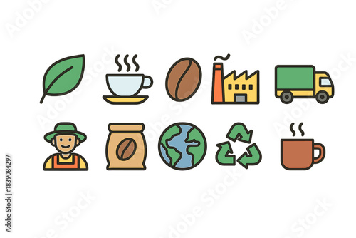 Coffee production flat icon set: farming, processing, sustainable, recycling icons