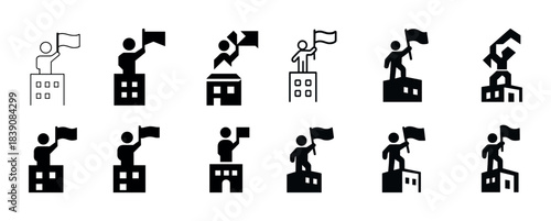 Set of simple icons: person holding flag on building symbolizing victory