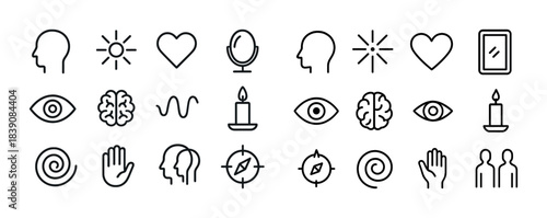 Collection of minimalist icons featuring sun, heart, head, mirror, candle, and compass