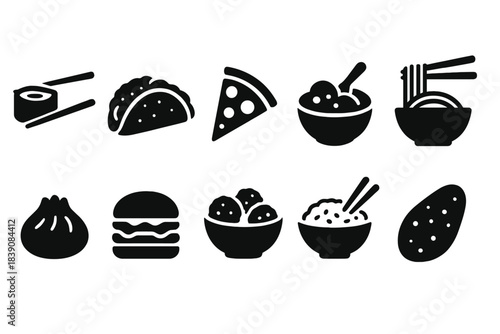 Food and cuisine solid icon set: diverse global dishes collection