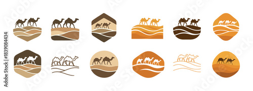 Camel silhouettes in desert landscape icon set