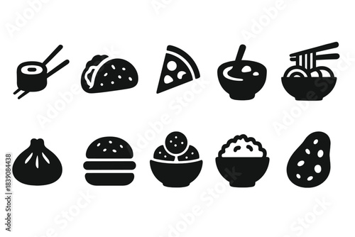 Global cuisine solid icon set. Sushi, pizza, dumplings, taco, noodles icons collection