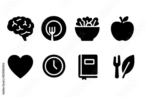 Healthy eating solid icon set. Nutrition, food, and wellness solid icons collection